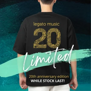 Legato music 20th anniversary limited edition black t-shirt with golden musical instrument design while stock lasts