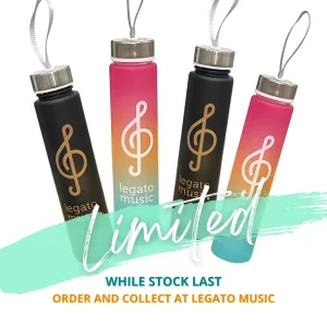 Legato music branded mini water bottles with treble clef design in gradient colors limited stock while supplies last