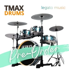 Complete TMAX silent drum set featuring blue metallic shells and quiet practice cymbals for drummers